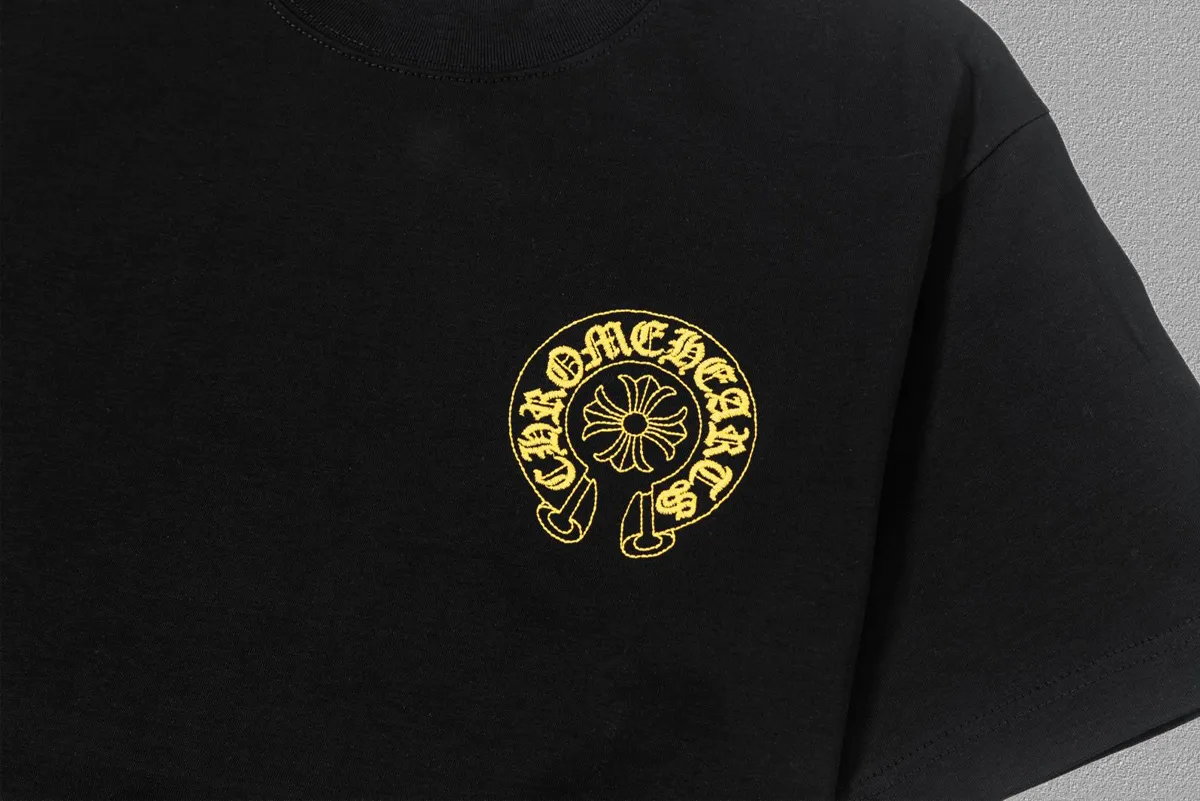 🅿️200 [CH Crow Heart] 2025FW short-sleeved T-shirt, hollow embroidery with arch bridge embroidery, high-end 26s double yarn 300g fabric, heavy fabric, custom stretcher rib, same vat and dye, complete three standards, same style for men and women, color: black, white, size: S M L XL 2XL